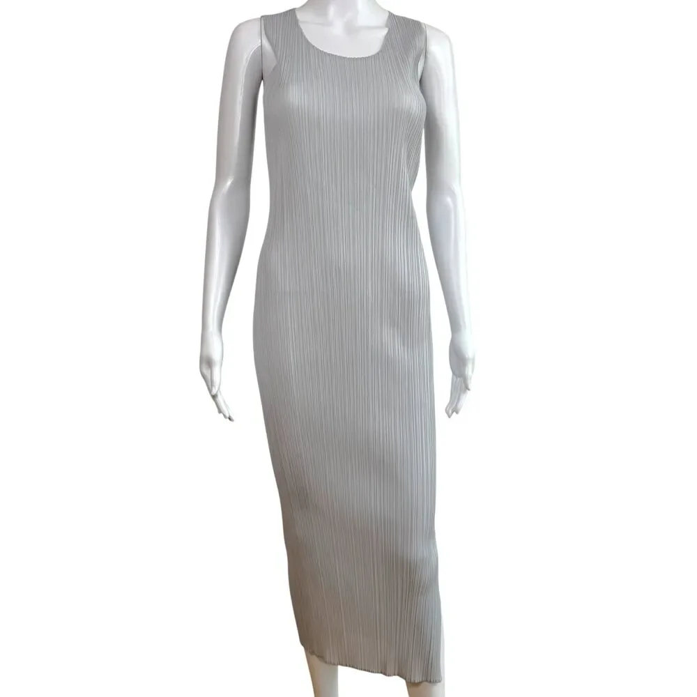 Issey Miyake Pleats Please Light Gray Pleated Maxi Dress Sz 2
